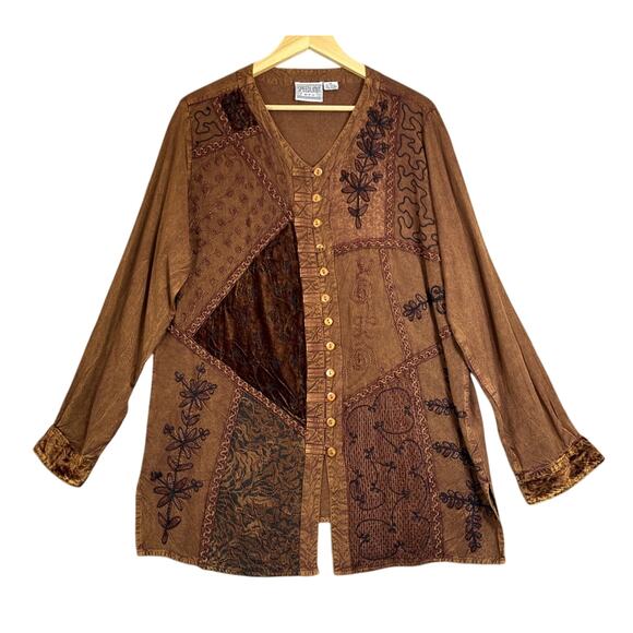 Speed Limit MPH Tunic Women XL Brown Button Up Long Sleeve Velour Trim Boho Vtg - Picture 1 of 12